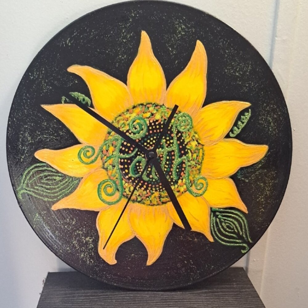 Hand Crafted Painted Sunflower Wall Clock - Black and Yellow Faith Home Decor - Picture 9 of 11